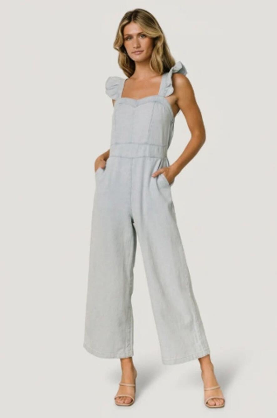 Baltic Born Madison Light Wash Denim Jumpsuit Ruffle Wide Leg Cottagecore XL